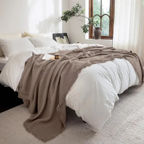 Vista 22 de FOSSA Manta de Muselina con Flecos - Gasa de Algodón 100% de 4 Capas Súper Suave y Transpirable - Manta Decorativa Ligera y Refrescante para Cama