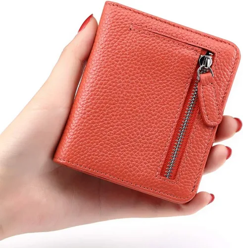Vista 4 de Funtor Cartera de cuero para mujer, pequeña y compacta, con bolsillo doble, bloqueo RFID, para mujer
