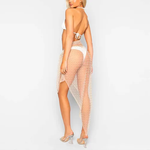 Vista 2 de Honganda Traje de baño de malla transparente para mujer, pareo de playa con lazo lateral, falda larga
