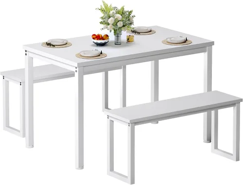 Vista 8 de soges Juego de mesa de cocina con 2 bancos, juego de mesa de comedor para 4, mesa de comedor de 3 piezas y bancos largos, juego de mesa de café