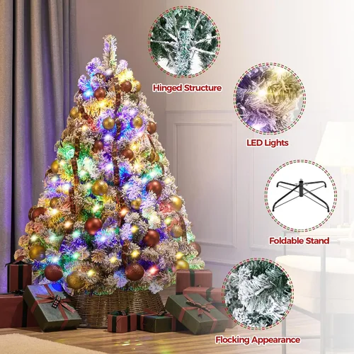 Vista 4 de Yaheetech Árbol de Navidad artificial de abeto preiluminado de 4.5 pies, flocado con nieve, con bisagras, con 100 luces LED multicolor y 340 puntas