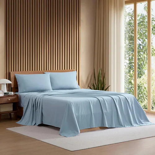 Vista 3 de Lacoste Juego de sábanas de 3 piezas 100% percal de algodón, frescas, crujientes, mate y duraderas, con certificación Oeko-Tex, color liso, azul