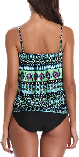 Vista 4 de Tankini de dos piezas para mujer, con parte superior estilo blusón Bandeau y parte inferior modesta de talle alto
