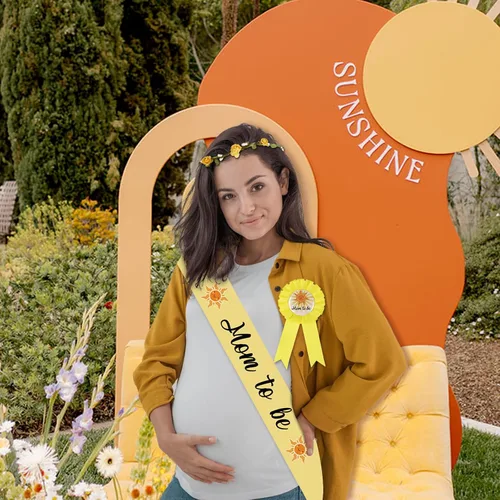 Vista 6 de Serencatcher Banda de baby shower para mamá niño, decoraciones de baby shower con el sol incluyen a mamá papá para ser pin corona de flores