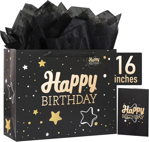 Vista 12 de Powbrace Bolsa de regalo de cumpleaños número 30 negra de 13 pulgadas con papel de seda y tarjeta de felicitación para fiestas, bolsa de regalo