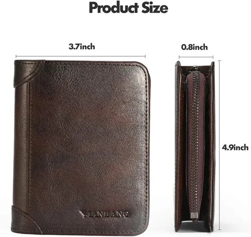 Vista 32 de Billetera para hombre con cremallera de cuero genuino RFID tarjeteros de piel de vaca con cremallera bolsillo para monedas, carteras plegables