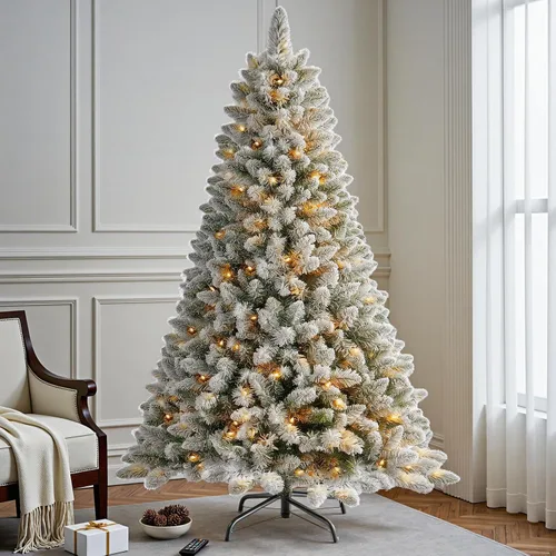 Vista 4 de Árbol de Navidad artificial de 1.8 m con nieve esmerilada preiluminada, árbol de Navidad artificial con 250 luces LED que cambian de color cálido