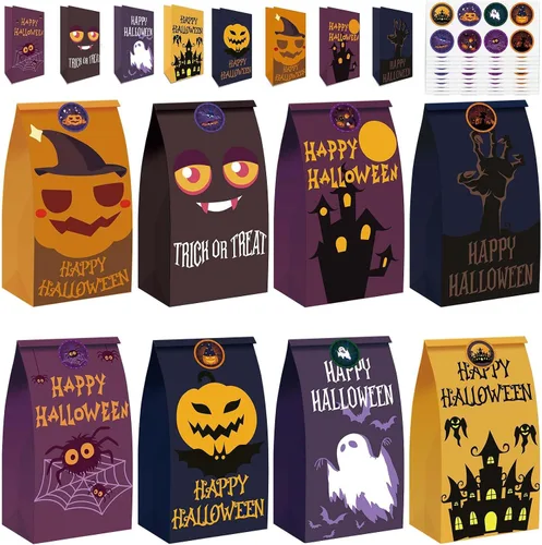 Vista 7 de M-sorflly Bolsas de regalo de Halloween grandes, 24 bolsas de regalo de Halloween, bolsas de papel, dulce o truco para niños y 24 bolsas de regalo