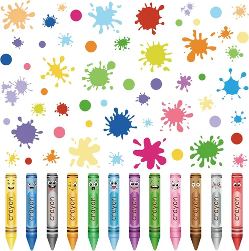 Vista 8 de 10 hojas creativas de colores de crayones de pared, calcomanías de acuarela con tinta, puntos, calcomanías de pared, calcomanías de pared