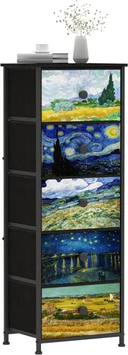 Vista 9 de Cómoda con 3 cajones Van Gogh, cómoda de cajones para dormitorio, mesa de noche estrecha, cómodas pequeñas y cofres de cajones para medio pasillo