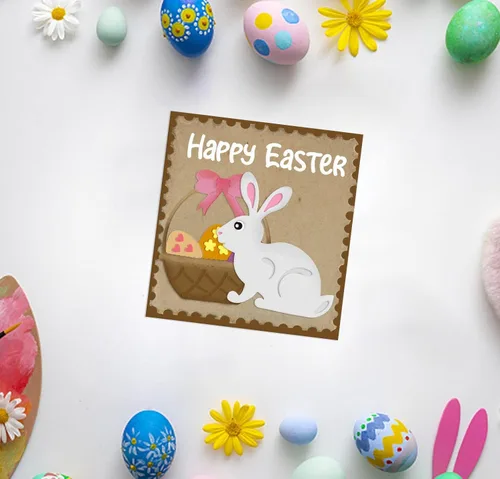 Vista 4 de Huevos de Pascua, conejos, troqueles de corte de metal y decoraciones de álbum de fotos, feliz conejito de Pascua, cesta de primavera, plantillas