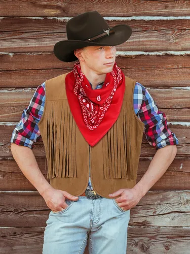 Vista 7 de Toulite 4 piezas de trajes occidentales para hombre, chaleco con borla, sombrero y hebilla de cinturón, bandana de cachemira para Halloween, cosplay