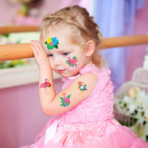Vista 5 de HOWAF 96 tatuajes temporales de flamenco de verano para niños, suministros de fiesta de flamenco, tatuajes para niñas, decoraciones de fiesta