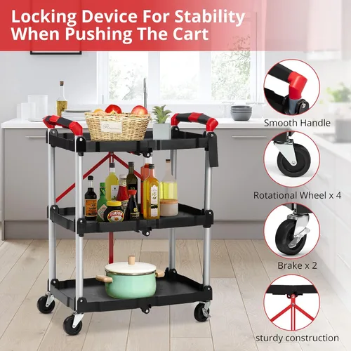 Vista 4 de Towallmark Carrito de servicio plegable portátil, carrito plegable de 3 niveles, carritos utilitarios plegables para oficina, almacén y hogar, Negro