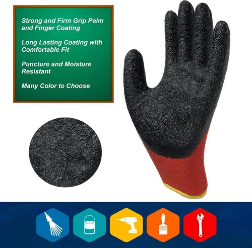 Vista 3 de Guantes de seguridad recubiertos para el trabajo, paquete de 8 pares, agarre firme, uso general y jardinería, para hombres y mujeres (talla S, rojo)