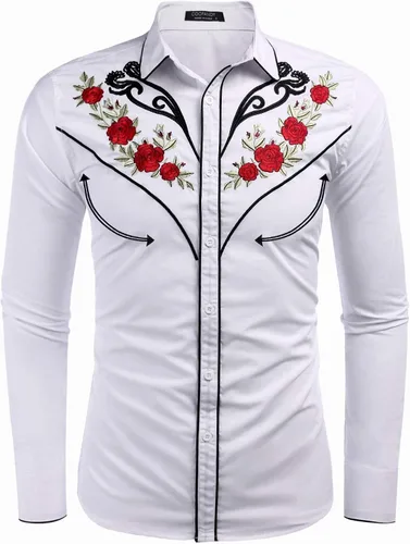 Vista 2 de COOFANDY Camisa vaquera occidental para hombre, camisa bordada de manga larga, ajustada, de algodón, casual, con botones
