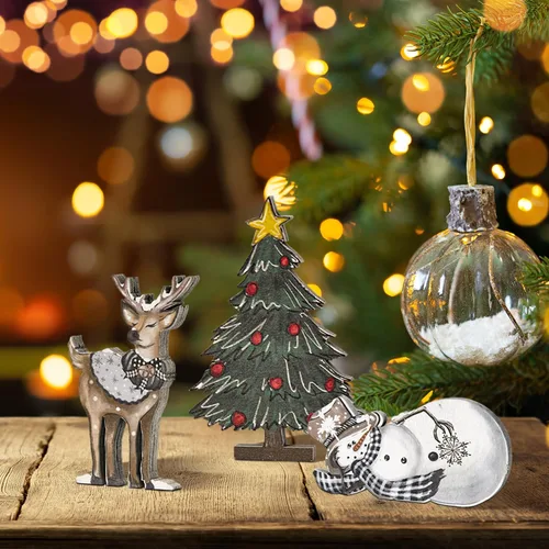 Vista 5 de Smile 3 Piezas Bloques de Madera Letreros de Navidad, Reno Árbol Muñeco de Nieve Decoraciones de Bandeja Escalonada, para Mesa y Estante del Hogar.