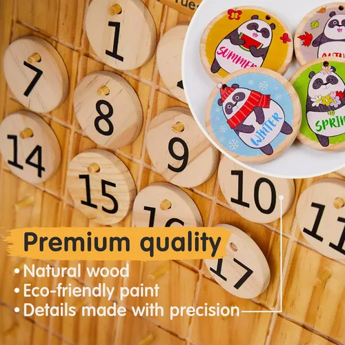 Vista 5 de Panda Brothers Calendario perpetuo de madera, juguete Montessori para niños, temporadas de aprendizaje, meses y días del año, calendario preescolar
