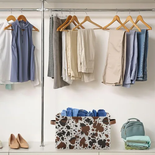 Vista 5 de Cesta de almacenamiento rectangular de lona con estampado de vaca con asas para el hogar, oficina, libros, guardería, juguetes para niños, armario