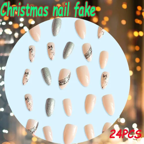 Vista 4 de Uñas postizas a presión con copos de nieve, uñas postizas brillantes de almendra, pegamento de Navidad nude para uñas a presión con copos de nieve
