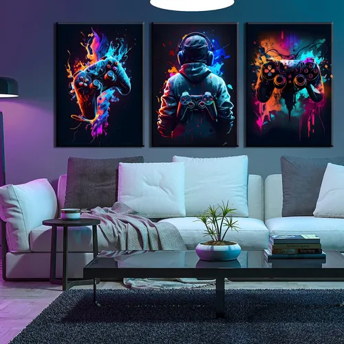 Vista 7 de 3 piezas de arte de pared de videojuegos geniales retro acuarela pósters cuadros coloridos neón gamepad lienzo pintura impresiones para habitación