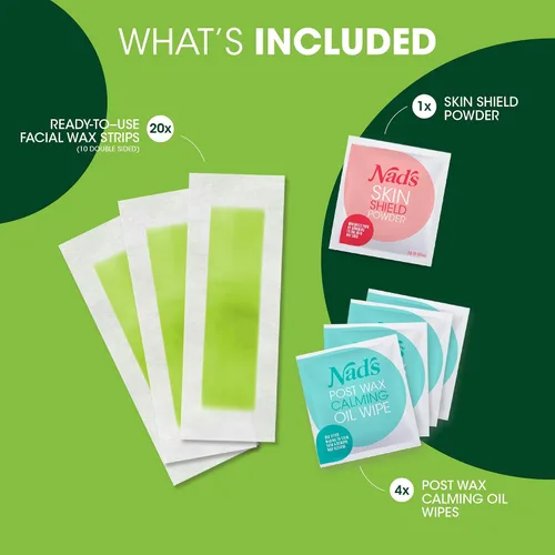Vista 2 de Nad's Tiras de cera facial, hipoalergénicas para todo tipo de piel, depilación facial para mujeres, kit de depilación en casa con 20 tiras de cera