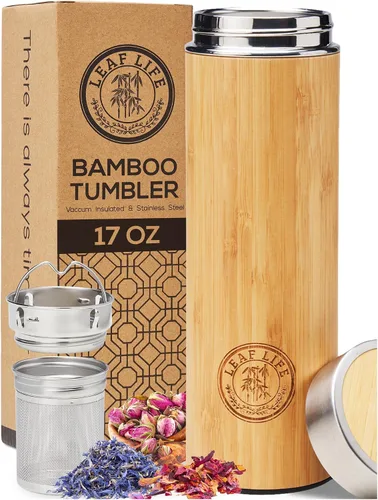 Vista 11 de LeafLife Botella de Té de Bambú Premium para Té Suelto - Botella Infusora de Té - Regalos de Té - Botella de Agua Aislada/Vaso de Café/Té - Set