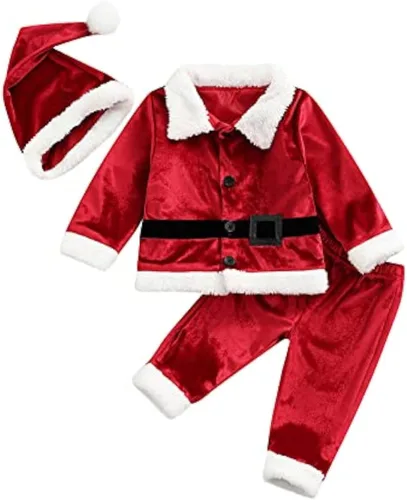 Vista 8 de FIOMVA Disfraces de Navidad para Bebé Niña Niño Trajes de Papá Noel Ropa Conjuntos Vestido Chaqueta Abrigo Pantalones Largos Gorro Calcetines Cosplay