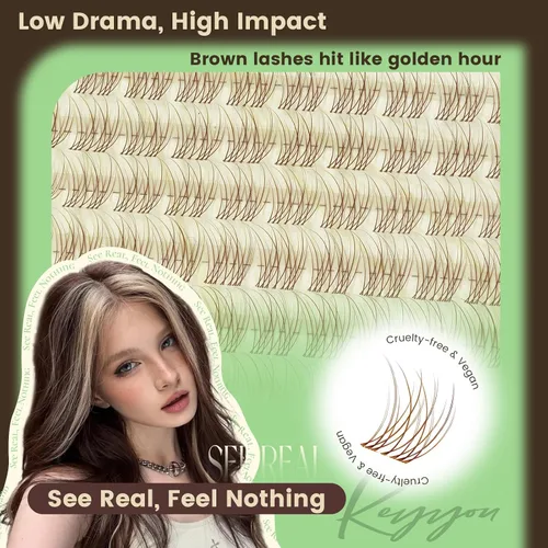 Vista 5 de KEYYOU Extensiones de pestañas de Velure color marrón Venus Natural Wispy C Curl Manga de 0.315-0.630 pulgadas con banda invisible suave