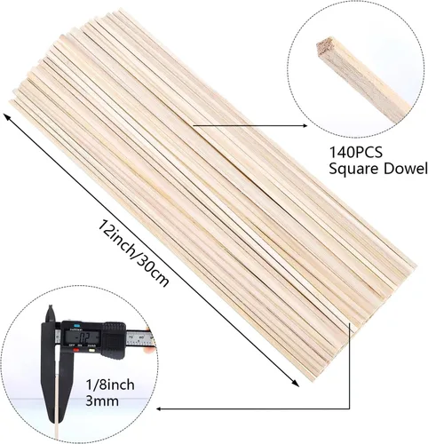 Vista 2 de 140 varillas de madera de balsa, varillas cuadradas de 1/8 x 1/8 x 12