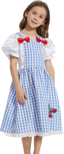 Vista 3 de WXCTEAM Disfraz de mago para niños y niñas, vestido de guinga con mangas abullonadas y estampado a cuadros