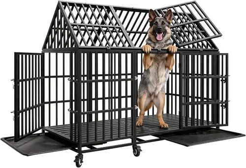 Vista 11 de Jaula indestructible para perros de 44 pulgadas, jaula de acero a prueba de mordeduras de alta ansiedad para perros medianos y grandes, doble puerta