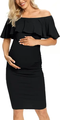 Vista 3 de Vestido de maternidad ajustado con volantes y hombros descubiertos, vestido de embarazo formal para baby showerfotografía
