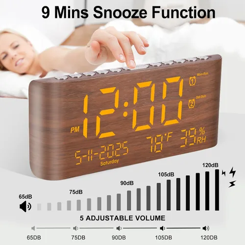 Vista 6 de PPLEE Reloj despertador digital de 8.7 pulgadas para dormitorio, reloj digital con día de la semana, mes, año, humedad y temperatura, brillo