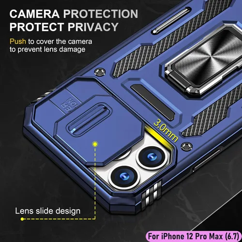 Vista 4 de Funda resistente para Apple iPhone 12 Pro Max, protector híbrido de goma de doble capa de grado militar con protector de cámara deslizante, soporte