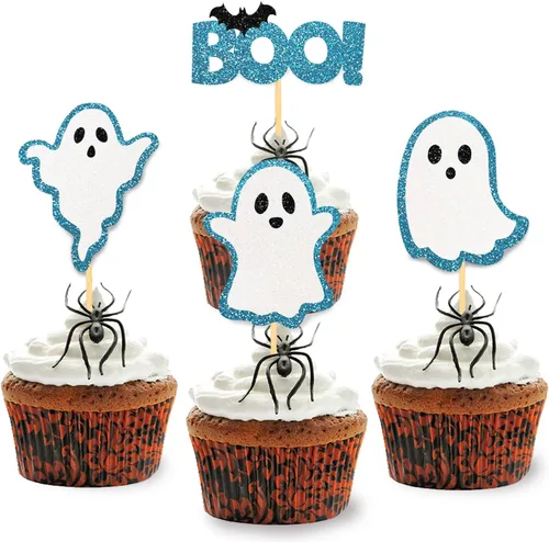 Vista 10 de 24 piezas de adornos de Halloween para cupcakes fantasmas, palillos de revelación de género para niños y niñas, adornos para tartas rosas y azules