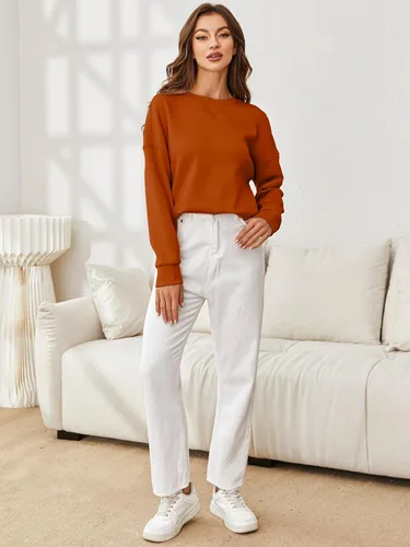 Vista 4 de Glamaker Sudadera básica corta para mujer, estilo básico Air Essentials, cuello redondo, manga larga, estilo casual, ajuste holgado, 2023
