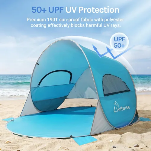 Vista 4 de WolfWise carpa para playa desplegable fácil de armar con FPS 50+, brinda sombra y protección al instante Azul