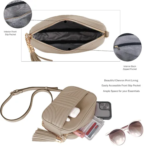 Vista 3 de EVVE Bolsos cruzados acolchados para mujer, elegante bolsa para cámara con borla, bolso de hombro ligero de tamaño mediano