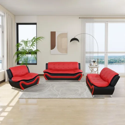Vista 15 de Juego de sofá de cuero para sala de estar, juego de muebles de sala de estar de 3 piezas, juego de sofá moderno con sofá de 3 plazas, sofá biplaza