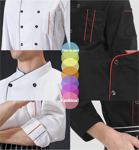 Vista 6 de XINFU Abrigo de chef unisex de manga largamanga corta con doble botonadura, uniforme de chef de cocina