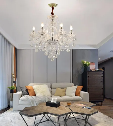 Vista 2 de Candelabro de cristal con 6 luces, lámpara de techo de cristal K9 transparente, decoración de lujo interior, lámpara colgante de cristal, bombillas