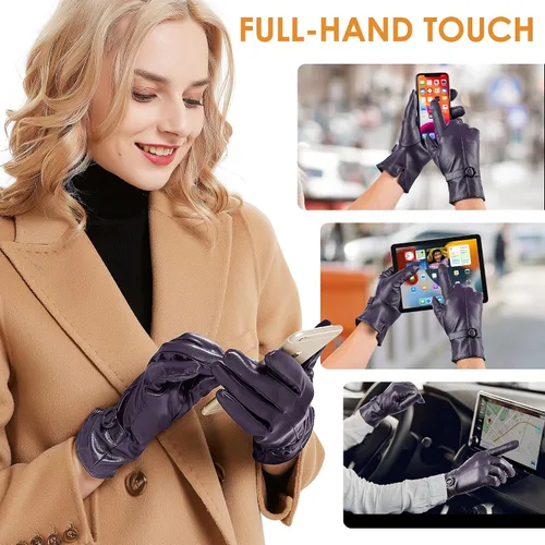 Vista 3 de Guantes de cuero de invierno para mujer, guantes de piel de cordero para pantalla táctil