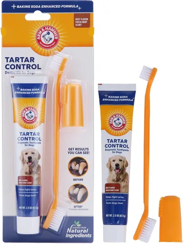 Vista 12 de Arm & Hammer para mascotas kit de 3 piezas para control del sarro para perros, contiene pasta, cepillo de dientes y cepillo para el dedo, reduce