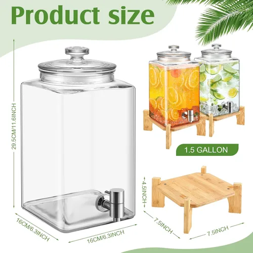 Vista 2 de FillTouch Juego de 2 dispensadores de bebidas de vidrio de 1.5 galones con soporte de madera, dispensadores grandes de bebidas de agua para fiestas
