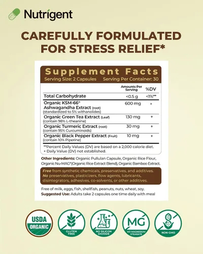 Vista 4 de USDA Organic KSM-66 Ashwagandha 600mg con L-teanina orgánica, cúrcuma y pimienta negra, apoya la calma, la concentración, la relajación