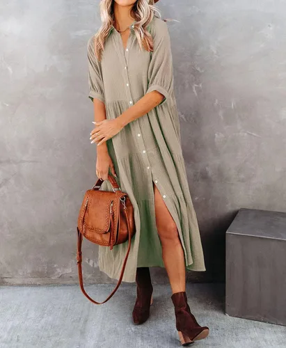 Vista 2 de R.Vivimos - Vestido informal de verano para mujer, vestido de algodón con media manga y botones, de corte suelto, por debajo de la rodilla