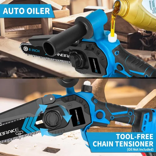 Vista 5 de Mini motosierra inalámbrica, de 8 y 6 pulgadas con 2 baterías de 4.0 Ah, 4 cadenas, 4 placas guía, indicador LED, motosierra eléctrica sin