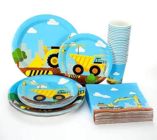 Vista 3 de Juego de 97 piezas de suministros de fiesta de cumpleaños para niños, incluye platos de camión volquete, vasos, servilletas