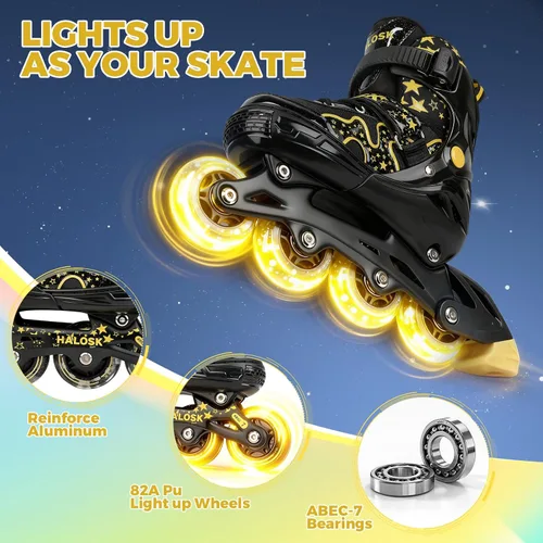 Vista 3 de Patines en línea para niñas y niños con ruedas iluminadas, patines de hoja ajustable, estrella de purpurina degradada con forro cómodo transpirable